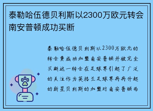 泰勒哈伍德贝利斯以2300万欧元转会南安普顿成功买断 泰勒哈伍德贝利斯以2300万欧元转会南安普顿成功买断