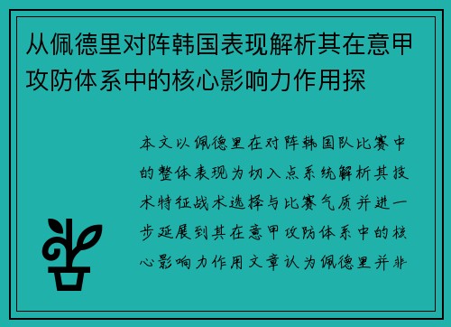 从佩德里对阵韩国表现解析其在意甲攻防体系中的核心影响力作用探