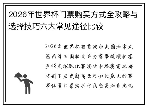 2026年世界杯门票购买方式全攻略与选择技巧六大常见途径比较 2026年世界杯门票购买方式全攻略与选择技巧六大常见途径比较